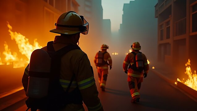 Firefighter Monitoring Drone Extinguishing Wildfire Blaze Intense Orange Flames Emergency Response Aerial Technology heat trees smoke water scene danger  