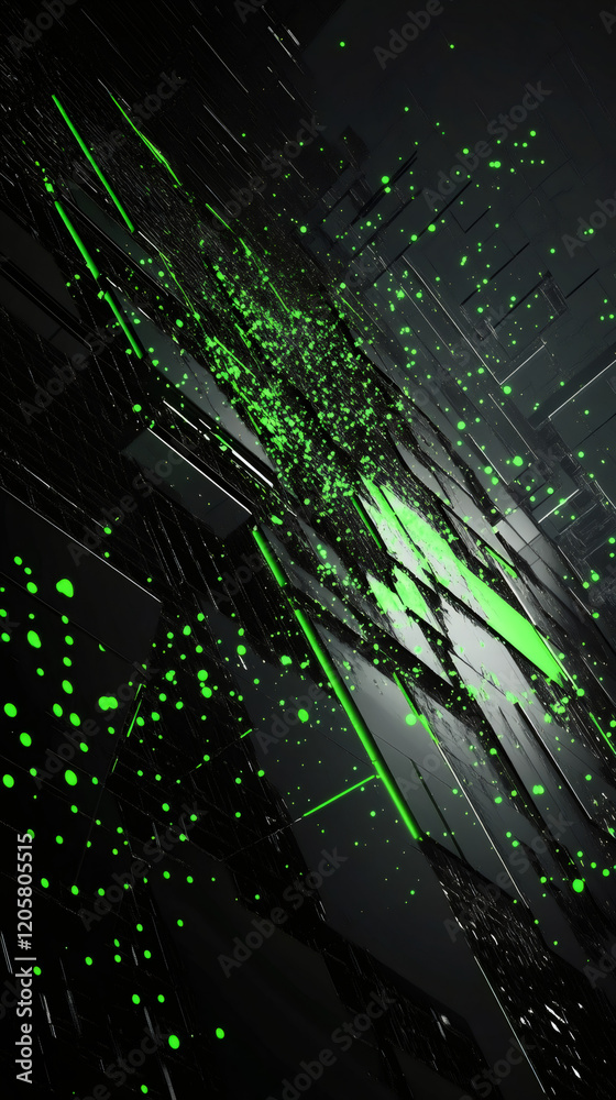 Fototapete abstract digital background showing green particles flowing on a black patterned surface with perspe