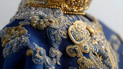 Intricate Gold and Blue Embroidered Garment Detail