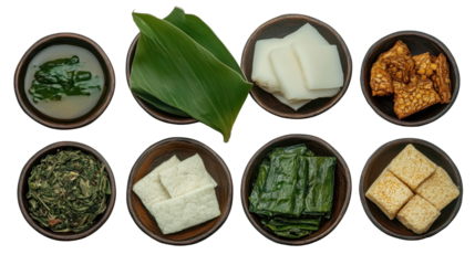 A vibrant assortment of traditional ingredients in bowls for culinary exploration. transparent background