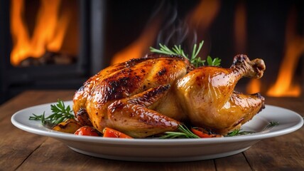 delicious Chicken roasted perfectly cooked, on white lunch box, wooden table, blurred fire in the oven and cooking equipment in the kitchen background
