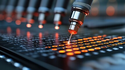 High-precision robotic arm performing micro-soldering on a circuit board, glowing orange points of light illustrating the intricate detail of advanced technology and manufacturing processes.