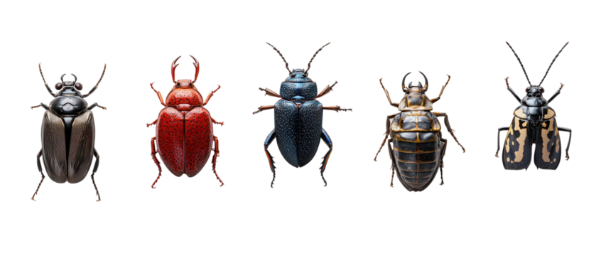 A vibrant collection of various beetle species showcasing diverse colors and patterns. transparent background