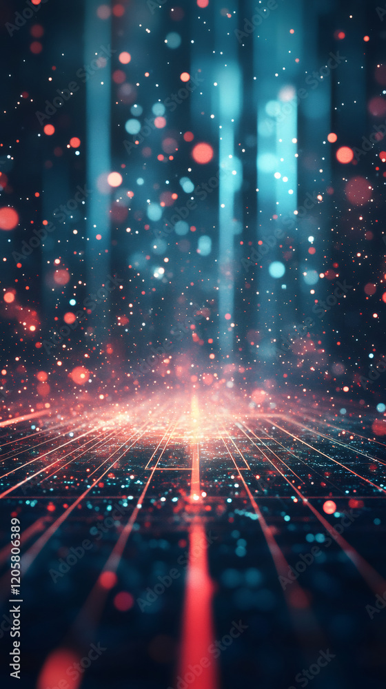 Poster luminous particle streams moving across digital grid background, visualizing high-speed data transmi