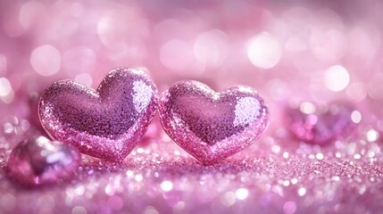 Fototapeta premium Shiny hearts on a pink background