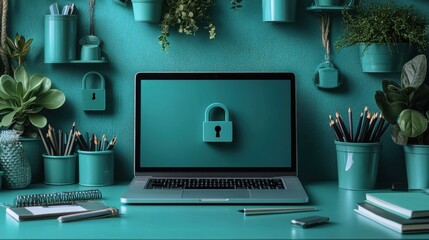 White Laptop stands frontally on an office desk. Office supplies are around. There is a lock icon on the screen. 