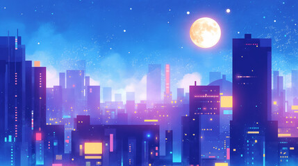 Fototapeta premium Vibrant Night City Skyline with Full Moon and Colorful Lights