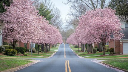 Fototapeta premium A charming road is gracefully lined with vibrant cherry blossom trees, enveloping the area in soft pink hues. This tranquil setting captures the beauty of spring as nature awakens