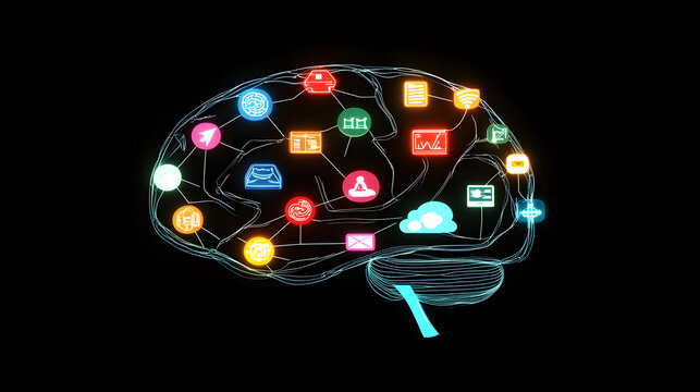 illustration of a digital brain with glowing icons representing artificial intelligence and neural networks, symbolizing the integration of technology with human thought processes. 