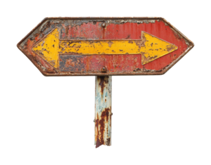 Weathered old road sign with dual arrows abandoned location rustic environment close-up view