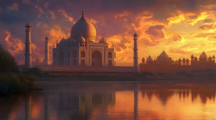 Majestic Taj Mahal Sunset Reflection Beauty