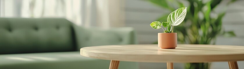 Fototapeta premium A vibrant potted plant on a wooden table in a cozy living room, enhancing the interior decor with a touch of nature.