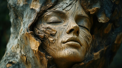 Majestic Tree with Half of Its Trunk Carved into a Serene Human Face Sculpture