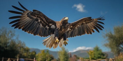 Fototapeta premium A majestic bald eagle soaring mid-flight over a lush forest under clear blue skies. Captures freedom and strength, perfect for nature or patriotic themes.