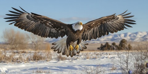 Obraz premium A majestic bald eagle soaring mid-flight over a lush forest under clear blue skies. Captures freedom and strength, perfect for nature or patriotic themes.