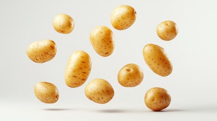Obraz premium Fresh potatoes, potato suspended in the air on white background