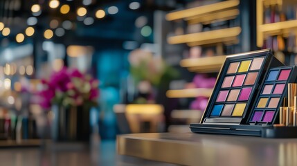 A vibrant makeup palette displayed on a sleek counter, highlighting diverse colors and luxurious ambiance in a beauty store.