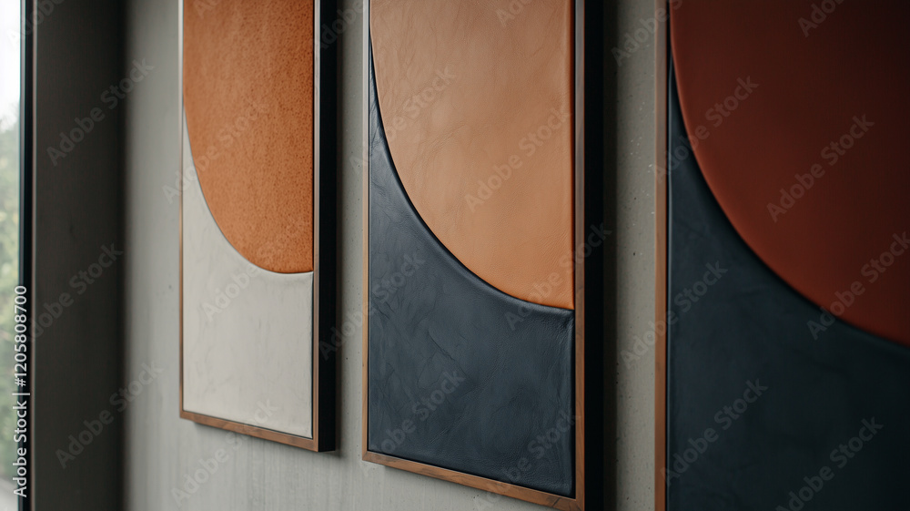 Poster minimalist abstract artwork featuring handcrafted leather elements in warm tones, creating modern an
