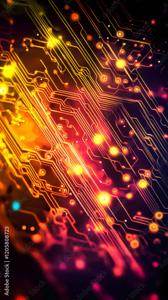 Aufkleber vibrant orange and red electronic circuit board featuring glowing components, actively transmitting 
