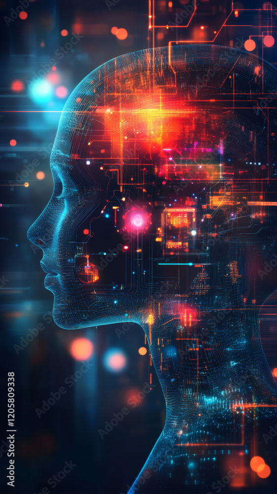 Aufkleber Digital human face emerging from interconnected electronic circuits, glowing with neural network complexity and machine learning visualization