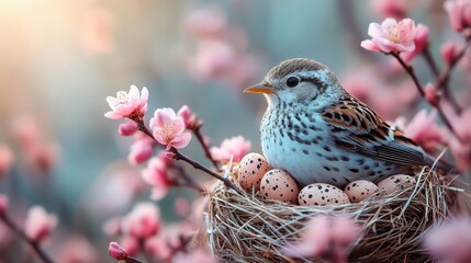 Fototapeta premium A bird sitting on a nest with speckled eggs surrounded by soft pink blossoms in a serene spring setting.