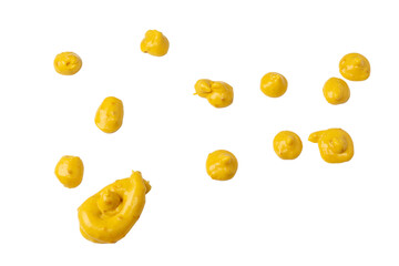 Yellow sauce splashes isolated on white background.