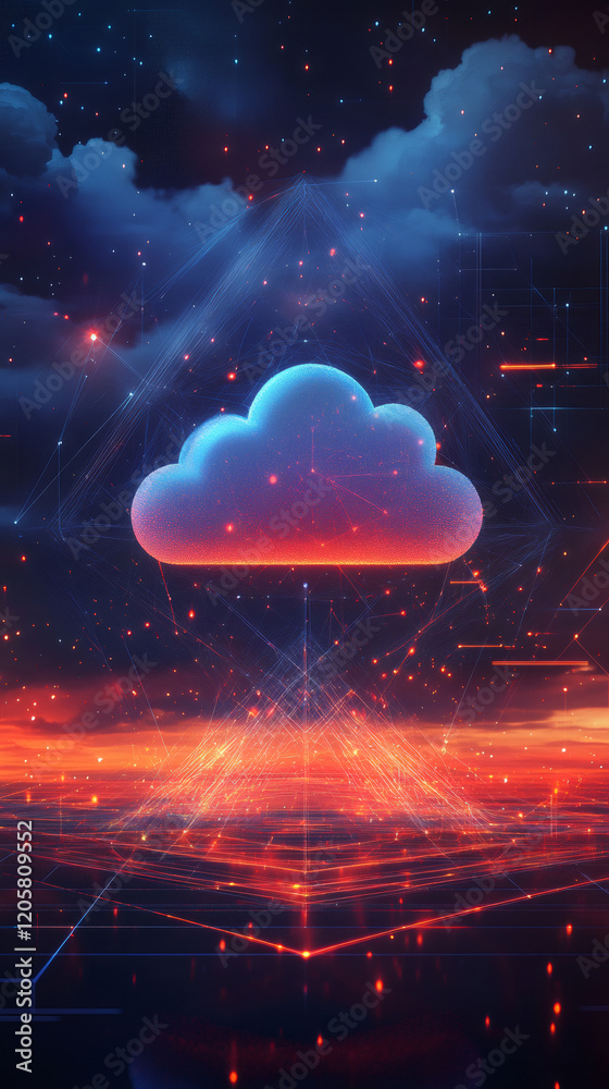 Fototapete glowing cloud computing transferring data through network connections in futuristic cyberspace envir