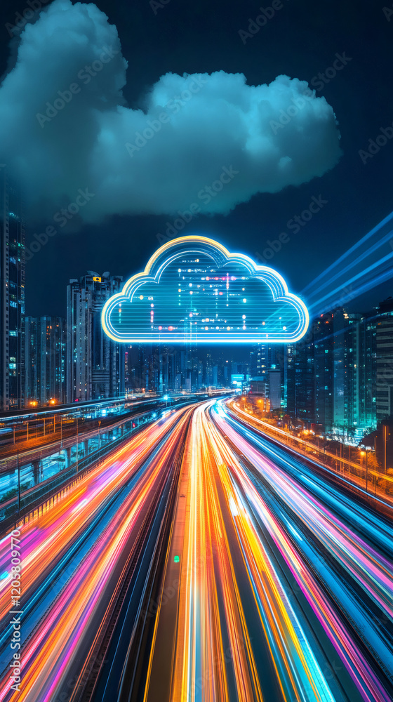 Leinwandbilder cloud computing technology symbol with data connecting modern city with fast highway traffic at nigh