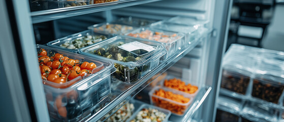 Overhead view of clean and organized refrigerator with various fresh vegetables stored in transparent containers, showcasing neat and efficient food storage system