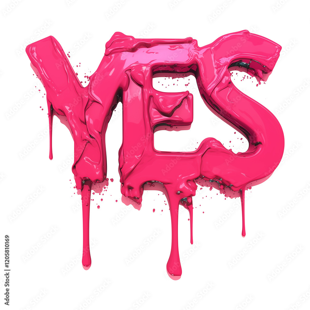 Poster vibrant pink yes symbol with dripping, glossy texture and glittering surface, isolated on transparen