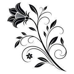 Elegant black floral design featuring a large blooming flower and intricate swirling vines, perfect for tattoos or decorative art.