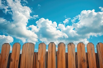 Wooden fence rising to a beautiful cloudy sky