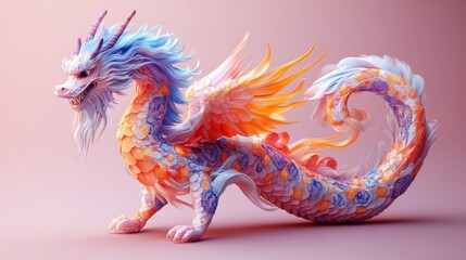 Fototapeta premium 3d full size long flying dragon with wings, violet and orange square and vermilion and orange circular pattern on his body, 