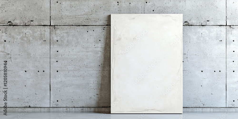 Poster blank canvas stands against textured concrete wall, creating minimalist and modern aesthetic. smooth