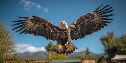 Obraz premium A majestic bald eagle soaring mid-flight over a lush forest under clear blue skies. Captures freedom and strength, perfect for nature or patriotic themes.
