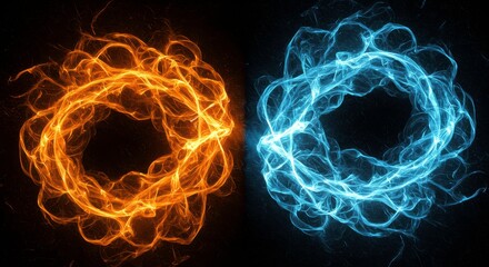 Fiery and Frozen:  Two swirling rings of energy, one burning hot with orange and red hues and the other icy cold with electric blue light, stand in stark contrast on a black background.