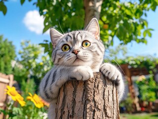 Obraz premium A gorgeous blue-gray British Shorthair silver tabby cat with yellow eyes, having fun climbing a tree in a vibrant backyard garden.