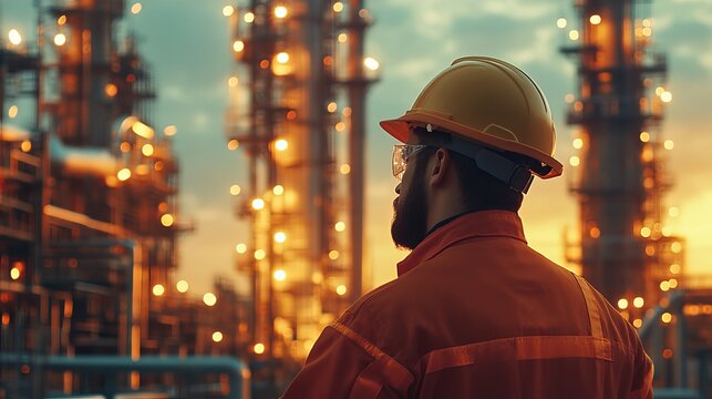 Abstract Futuristic Industrial Background: Worker at Refinery at Sunset