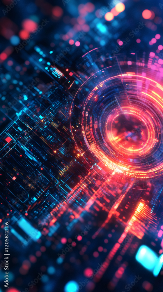 Leinwandbilder complex circular portal with glowing neon lights illuminating circuit board, symbolizing advanced te