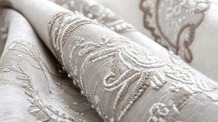 Creamy beige embroidered fabric drapes with intricate paisley patterns.