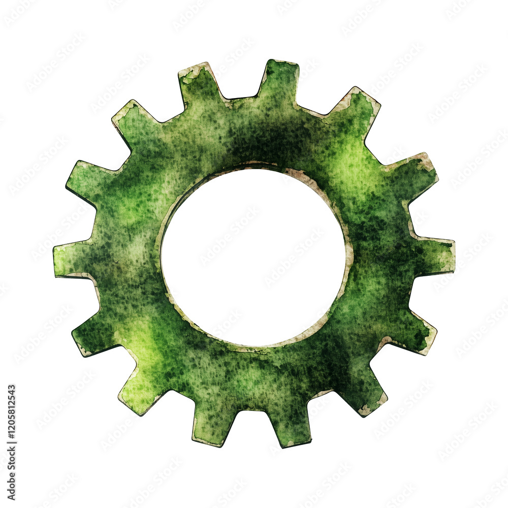 Poster watercolor illustration of green gear icon transparency background, showcasing textured and artistic