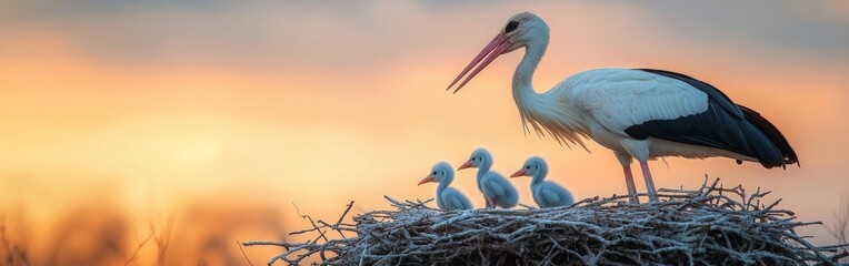 Obraz premium A bird family nesting under a bright blue sky, symbolizing nature, family bonds, and wildlife. Great for wildlife documentaries, family-themed content, and nature conservation projects.