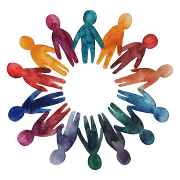 colorful watercolor illustration of diverse people figures forming circle, symbolizing unity and teamwork. vibrant colors and abstract design convey sense of collaboration and inclusivity