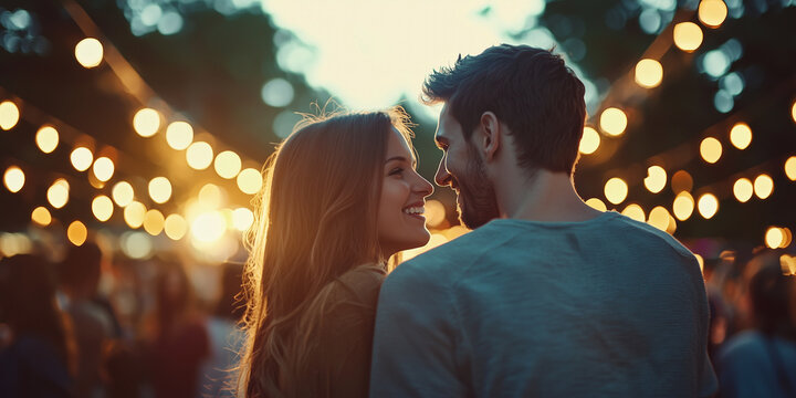 couple enjoys romantic moment at lively music festival, surrounded by glowing string lights and vibrant crowd. warm atmosphere and joyful expressions highlight festive spirit
