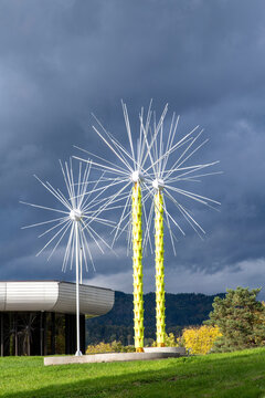 Oslo, Norway-25 September 2024; Art installation Palm Orchard by Alia Farid at the entrance of the Henie Onstad Art Center against a dark clouded sky