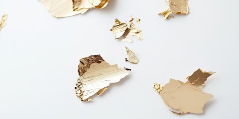 Pieces of abstract golden foil on white background. scattered crumpled golden foil top view perspective, glamorous wallpaper