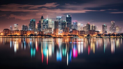 Fototapeta premium Vibrant city skyline reflecting in water at night, illuminated by colorful lights.