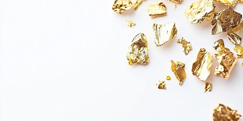 Pieces of abstract golden foil on white background. scattered crumpled golden foil top view perspective, glamorous wallpaper
