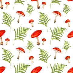 Watercolor Mushrooms Seamless Pattern. Design Element for Gift Wrapping Paper, Greeting
