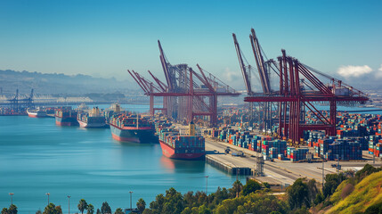 Fototapeta premium Bustling oceanic port with cargo ships, containers, and cranes in motion